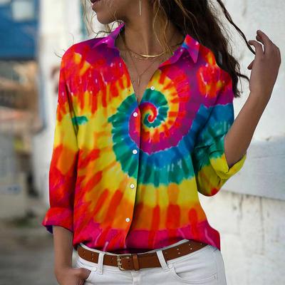 Tie-dyed Print Frauen Bluse Frühling Herbst Femme Büro Dame Button Up Turn Down Kragen Shirts