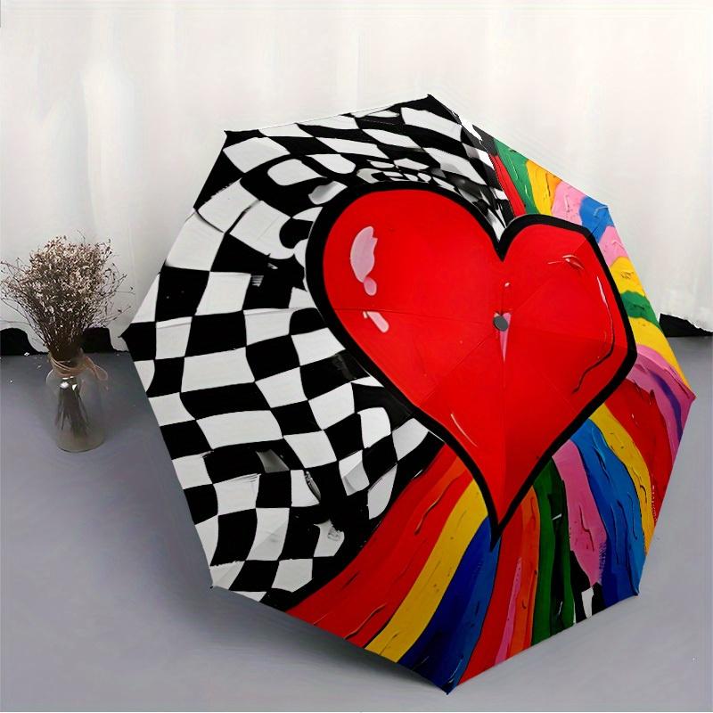 1pc Heart Print Automatic Open/Close Umbrella, Umbrella with Cartoon Design, Portable Compact Umbrella for Men & Women, Good Holiday Gift Yy