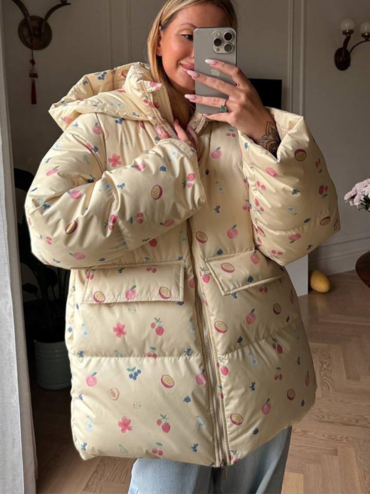 Women's Oversized Stand Up Collar Large Pocket Down Jacket Women's Winter Warm Fashionable Jacket Women's Hooded Printed Down Jacket 2025