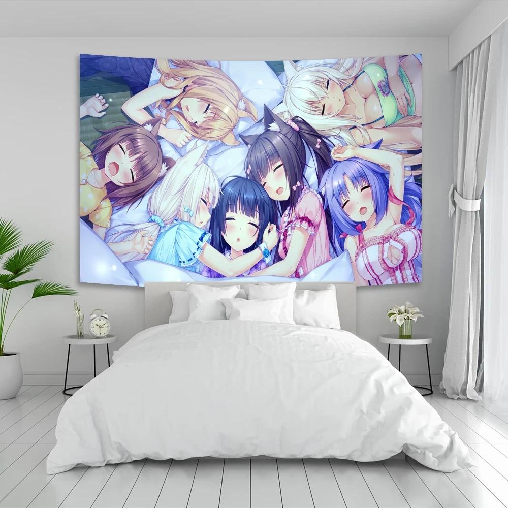 Anime Cat Maid Wall Tapestry Cute Background Fabric Room Decor For Girls Dorm Psychedelic Style Hanging Art