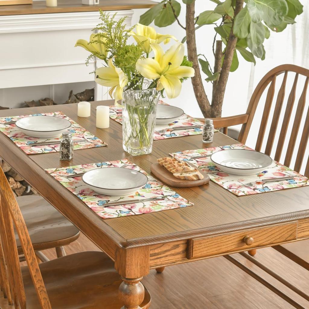 4Pcs, Hummingbird and Butterfly Floral Placemats, Washable, Suitable for Holiday Parties, Home Decor