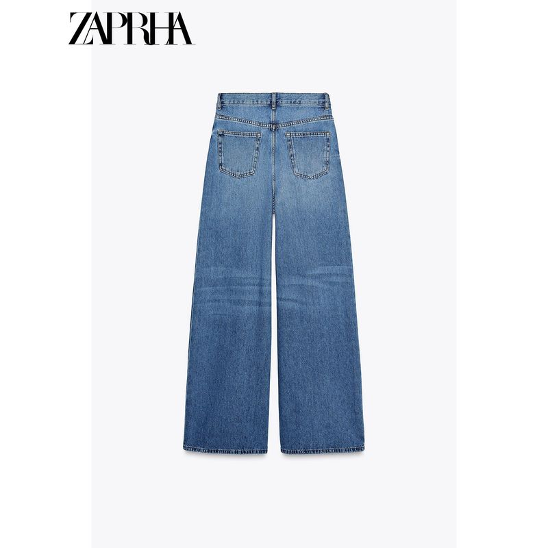 Zaprha 2025 New Retro Blue Cotton High Waist Wide Leg Elegant Simple Jeans Women Slimming 6840055