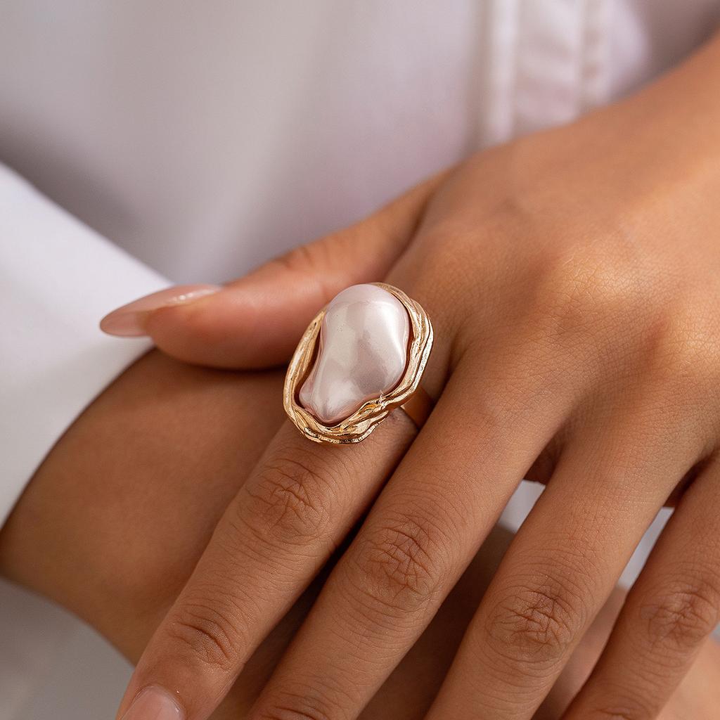 Wind Irregular Baroque Imitation Pearl Open Ring Temperament Geometric Ring Jewelry