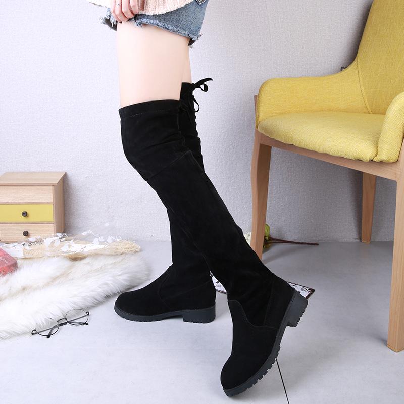 2025 Faux Suede Female Heels Autumn/ winter Zipper Elastic Knee-high Boots for Women Tube Lace-up Thigh Boots Black Botas
