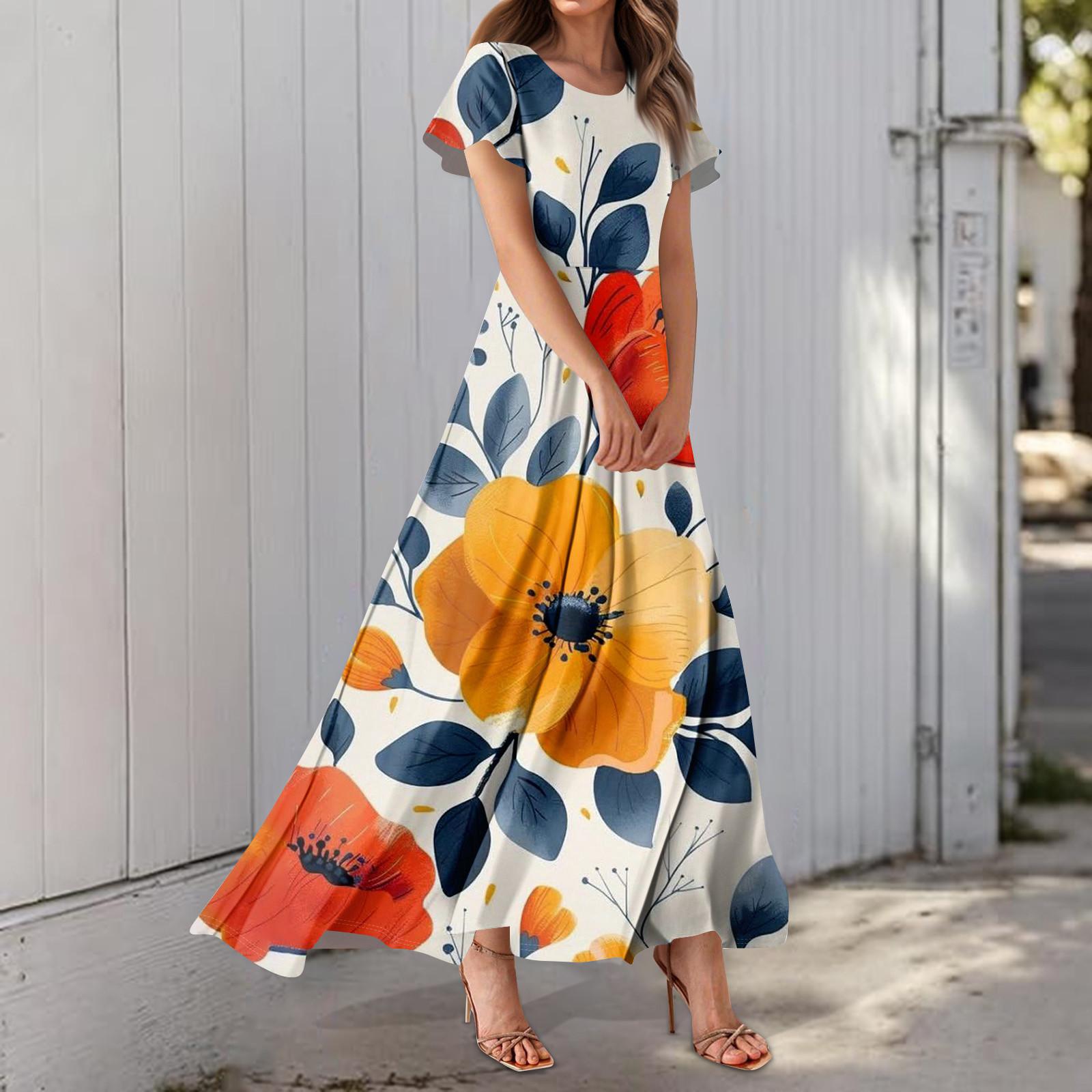 

Женское повседневное платье с гавайским принтом, круглым вырезом, короткими рукавами и высокой талией S