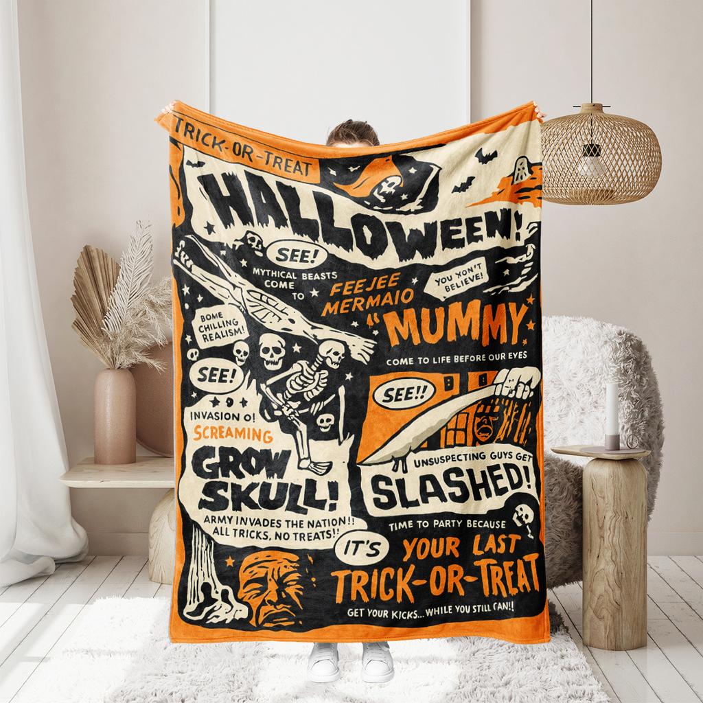 Halloween pumpkin monster bat Printed Blanket for Sofa Bed Travel Camping Living Room Office Conditioning Blanket