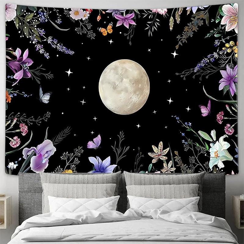 Moonlit Night Butterfly Tapestry with Starry Sky and Flowers  Wall Decor for Bedroom Living Room Background