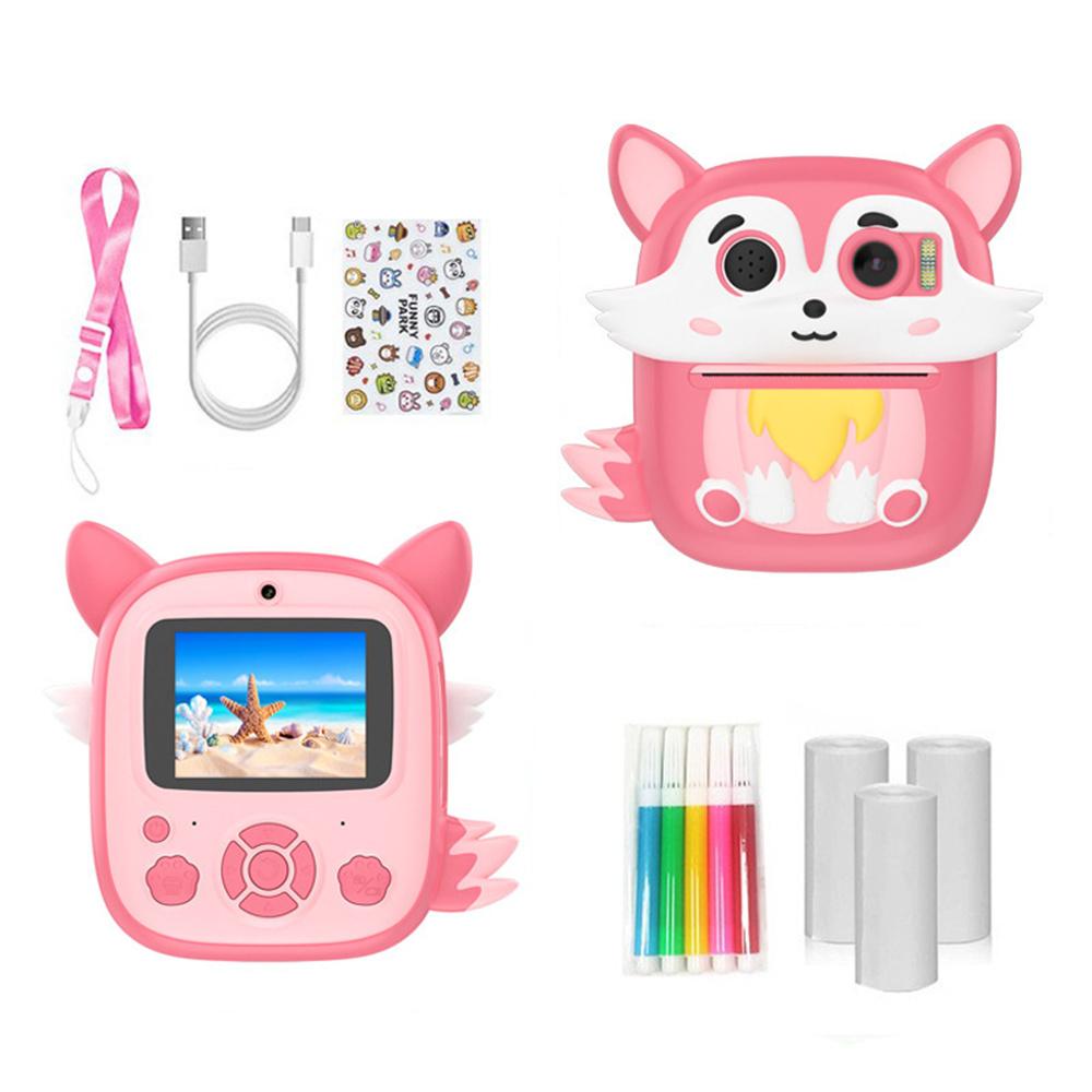 

P7 2.4 Inch IPS Screen Cartoon Fox Kids Camera Instant Print Dual Lens HD Video Recorder for Children Pink