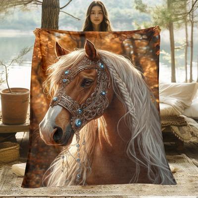 1Pcs Elegant Brown Horse Printed Blanket Soft Flannel All-Season Comfort for Car HomeTravel Camping Perfect Gift for Horse Blanket Camping Bedding