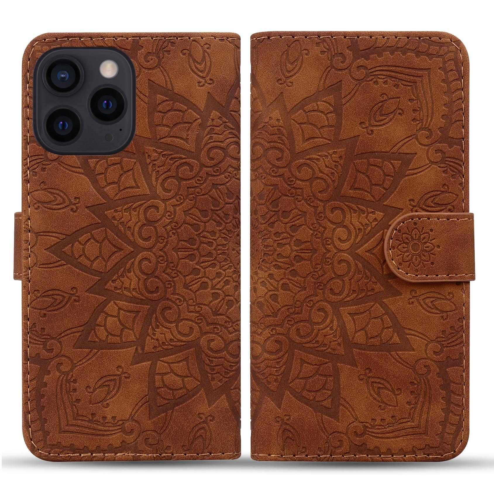 

For iPhone 16 Pro Max Case PU Leather Wallet Flip Phone Cover Flower Imprinted Brown