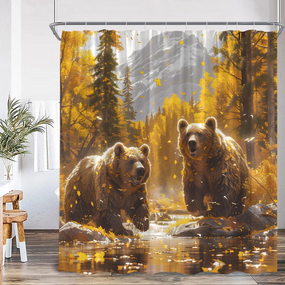 Шторка для душа с принтом бурого медведя, лесной пейзаж, снежная гора, ручей, природный пейзаж, полиэстеровая шторка для ванной с крючками 90x180cm-35x70in