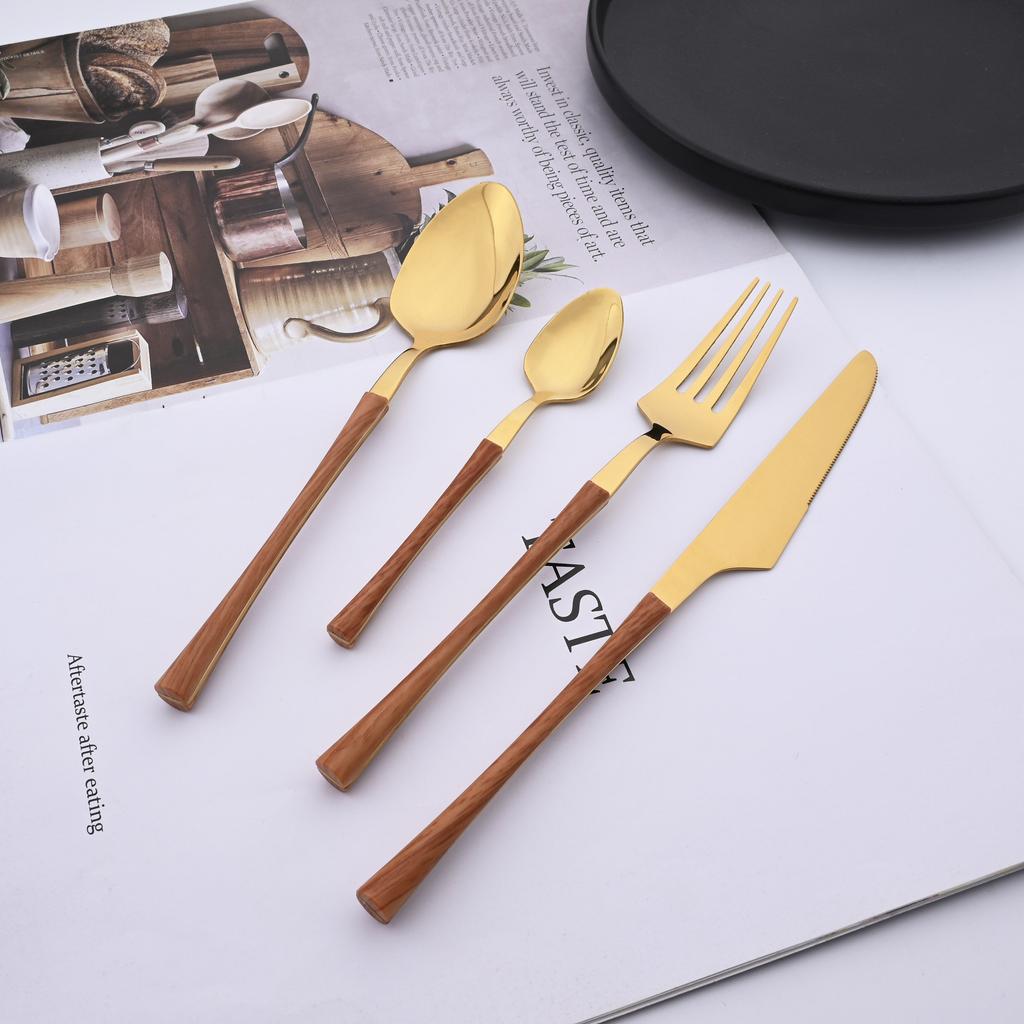 Tableware Dinnerware Set Stainless Steel Knives Forks Spoons with Wood Grain Effect Handle Kitchen Cutlery Flatware Dinner Set