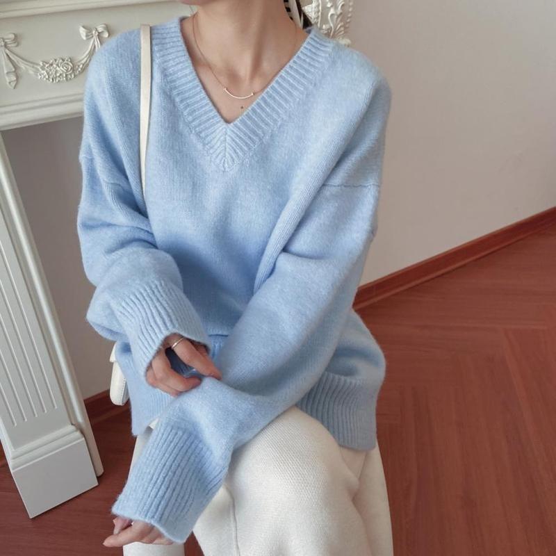 Mohair Gentle Jumper Sweater Women's Fall and Winter V-neck Pullover Loose Lazy Wind Soft Knitted Long-sleeved Blouse