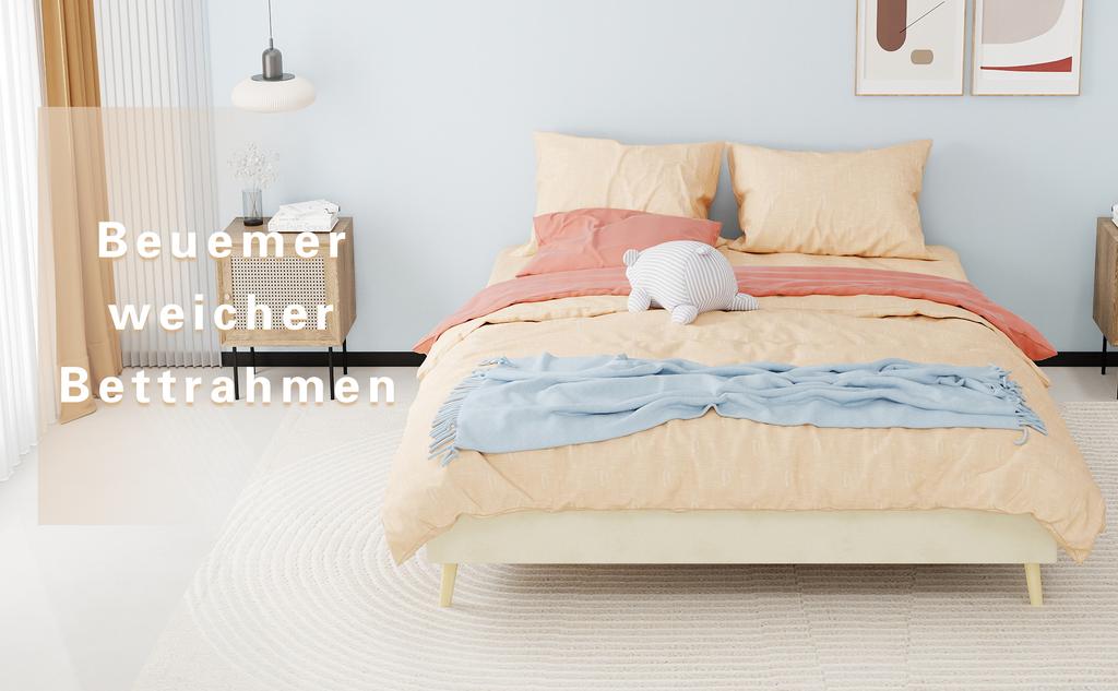 Modern Minimalist Bed Frame, 160x200 cm, Beige, Dutch Velvet Fabric, Bedroom Furniture. Excludes Gas Lift Mechanism, Headboard, and Mattress.