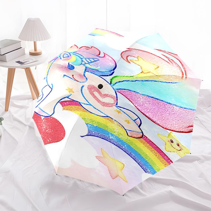 

Rainbow Unicorn Automatic Opening/Closing Umbrella with Heart Design Portable 3 Fold Design, 8 Bone Iron Frame Outdoor Umbrella for Fans, Tr