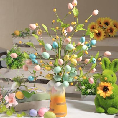 Artificial Easter Stem Fake Twig Branch with Pastel Eggs Green Leaves Spring Floral Picks for Floral Arrangement Farmhouse Table Centerpiece