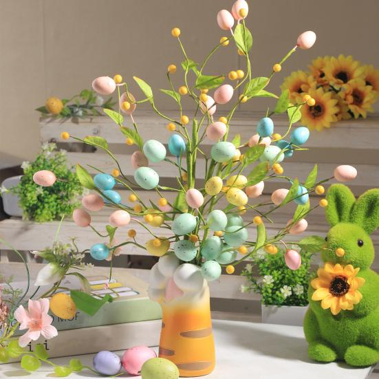 Artificial Easter Stem Fake Twig Branch with Pastel Eggs Green Leaves Spring Floral Picks
