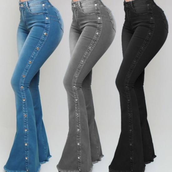 High Waist Multi Pockets Button Fly Hip Lifting Flare Jeans Washed Rivet Decor
