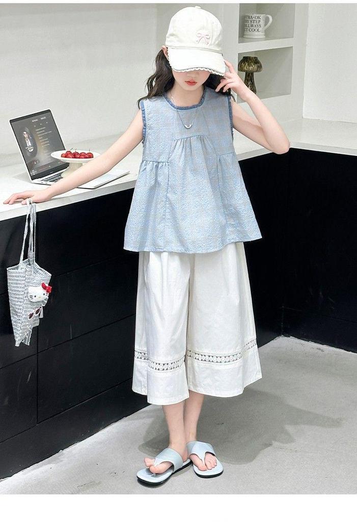 Korean-Style Lace Sleeveless Top & Pants Set - Summer 2026 Girls' Fashion Two-Piece Outfit