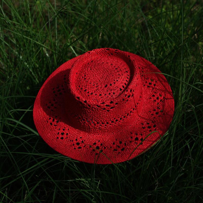 French Retro Red Hollow Woven Flat-Top Straw Hat Women'S Summer Sun Protection Travel Vacation Hat Japanese Sun Hat