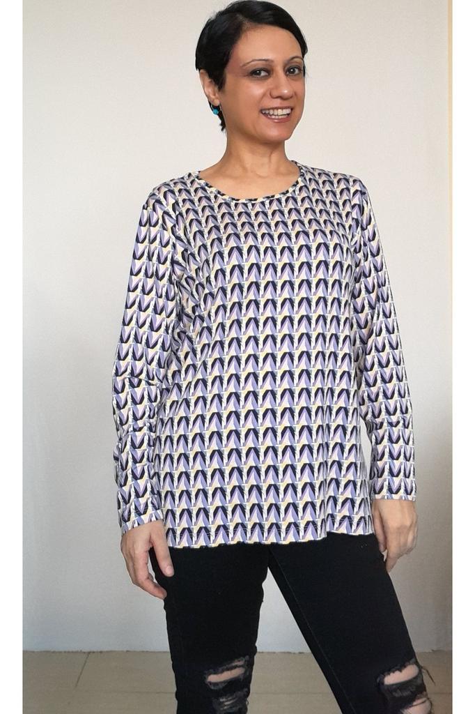 Women's Style Big Size T-Shirt Lilac Patterned Round Neck Long Sleeve Combed Cotton Viscose T-Shirt