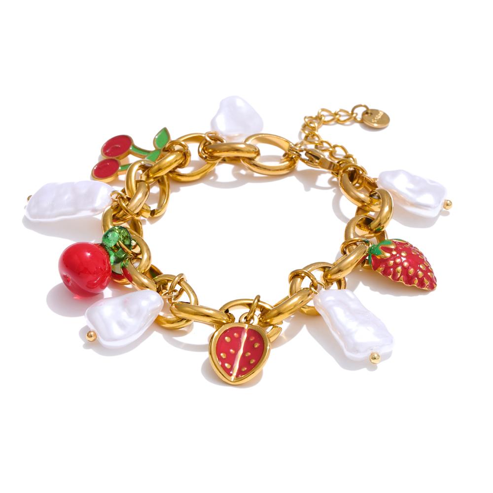 

Yhpup Simulated Pearls Strawberry Cherry Drop Sweet Necklace Bracelet PVD Plated Stainless Steel Chain Handmade Jewelry Gift