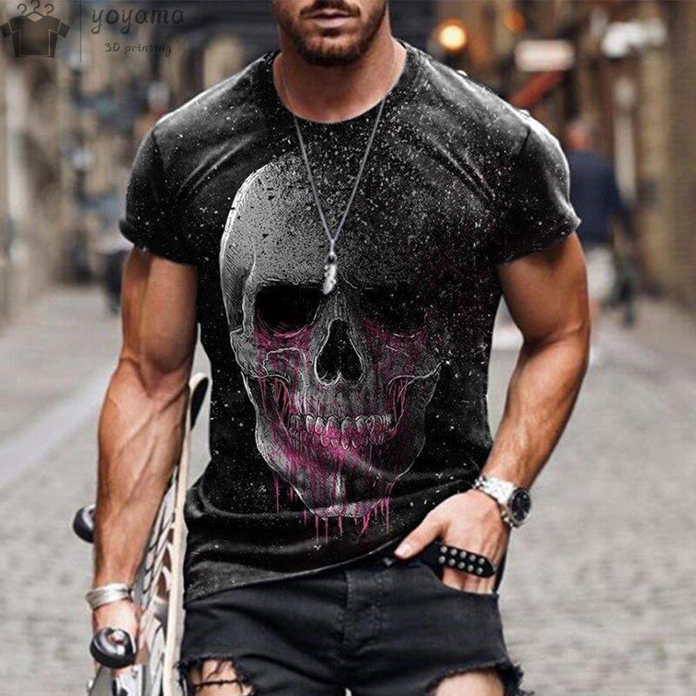 Red Skull Print T-shirt Punk Style Unisex's Clothing Gothic Design Skull Graphic T Shirts Unisex's Short Sleeve Tee Skull T-shirt Tops