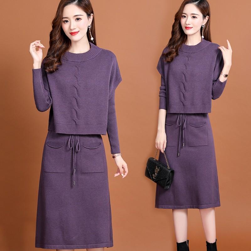 Pletené šaty pro dámský podzim a zimu Korejský styl Pas zvýrazňující Dvoudílný set Svetr Jednobarevné Dlouhý rukáv Ležérní svetrové šaty