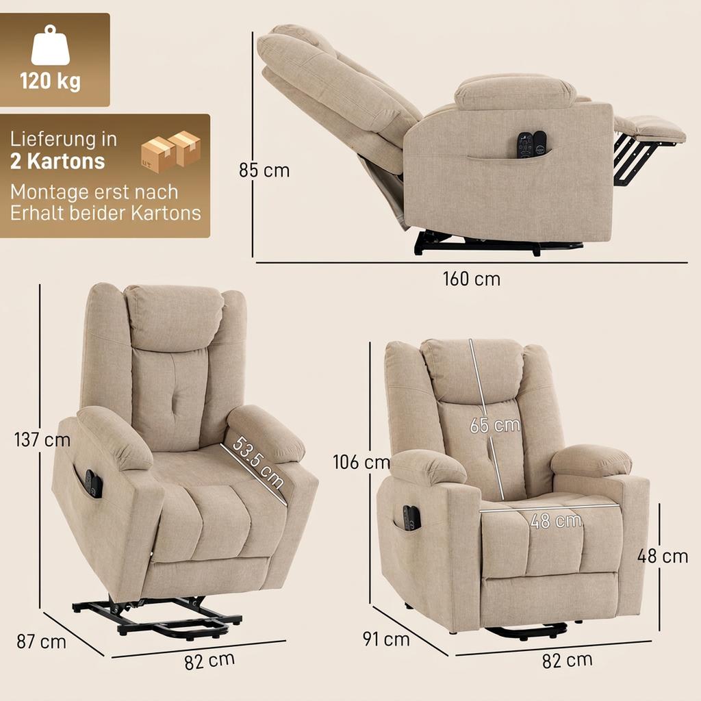 Electric Lift Chair with Vibration Massage and Heat Function, Recliner Chair In Velvet Look with Pocket Spring Padding, Cream White
