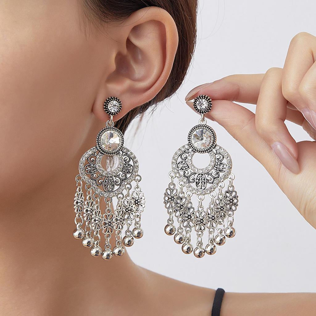 Bohemian Rhinestone Crystal Tassel Earrings: Light Luxury, Hollow Flower Design