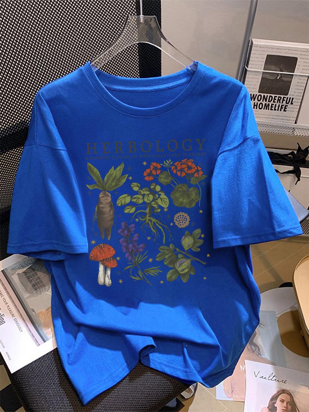 Summer T-Shirts Women Cotton Herbology Plant Composition Printed Tops O-Neck Comfortable Loose Short Sleeve Casual Woman Clothes S