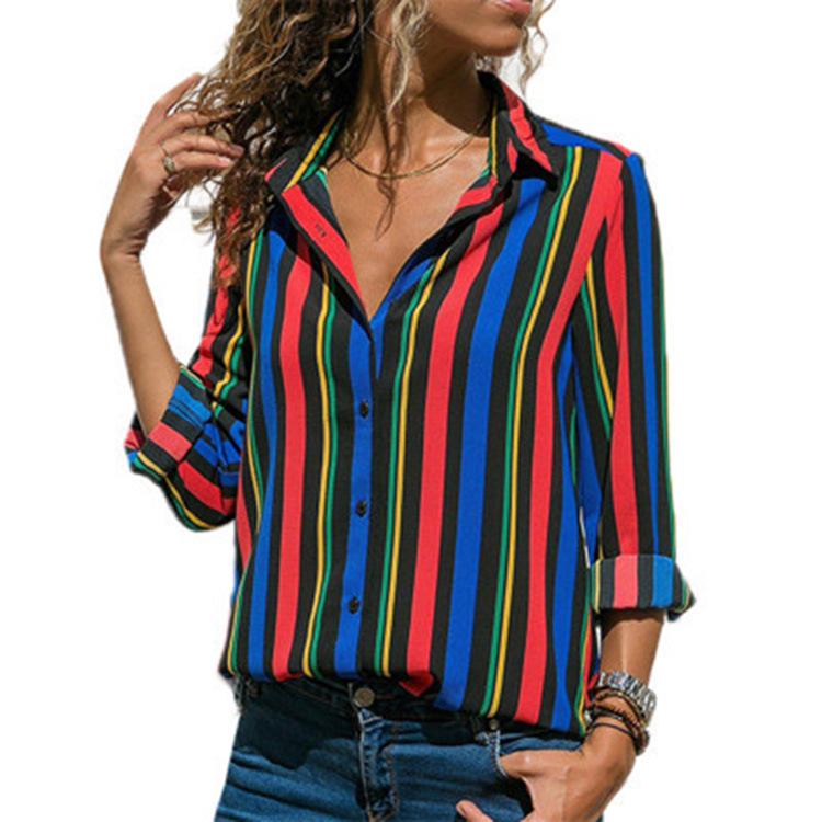 European & American Striped V-Neck Chiffon Long Sleeve Women's Top