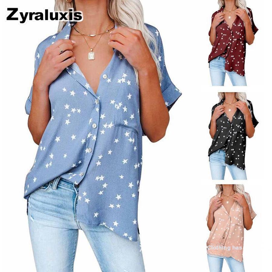 Summer Women's Clothing New Star Printed V-Neck Ruffled Batwing Short Sleeve