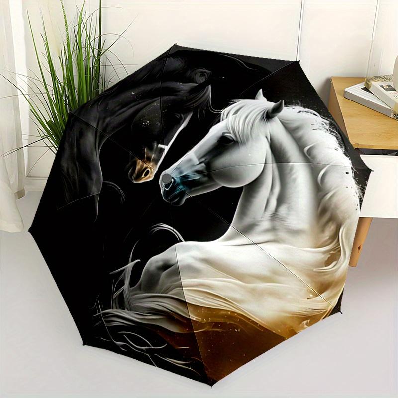 

1pc Black and White Horse Automatic Open/CloseUmbrella-CuteUmbrella with Cute Design, Portable 3-Fold Compact Umbrella for Men & Women, Vale