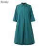 ZANZEA Women Casual Turn Down Collar 3/4 Sleeve Loose Dress