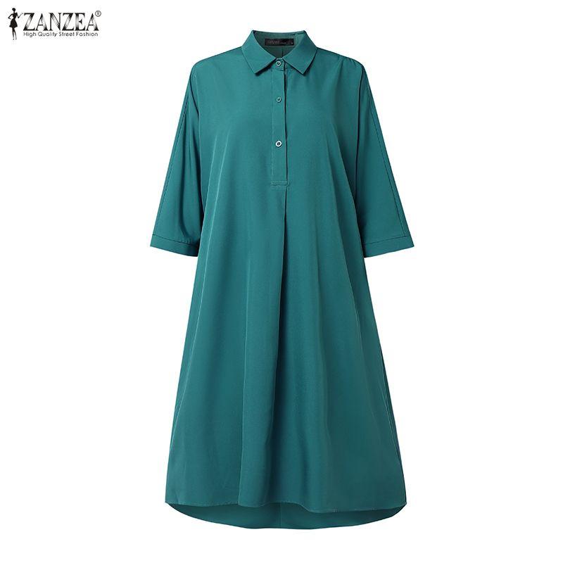 ZANZEA Women Casual Turn Down Collar 3/4 Sleeve Loose Dress