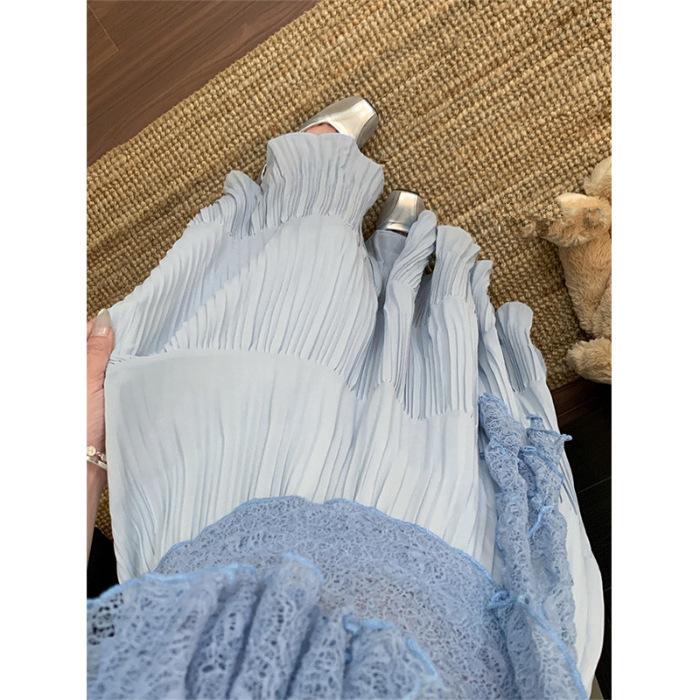 

[Original practice] Summer French elegant romantic super fairy pleated high-waisted skirt long swing skirt S синий