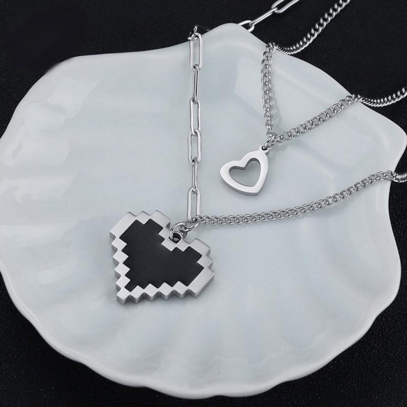 Korean Fashion Black Love Pixel Peach Heart Double Layer Womens Necklace For Fine Female Pendant Necklaces Party Jewelry