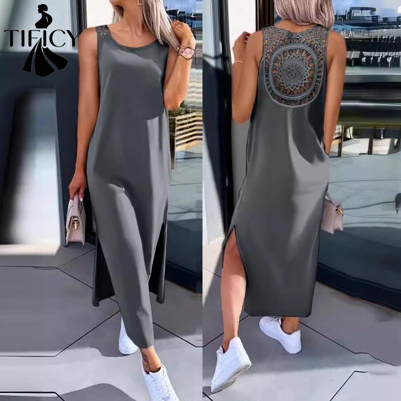 Damenmode, Sommer, Frühling, einfarbig, ärmellos, O-Ausschnitt, Freizeitkleider
