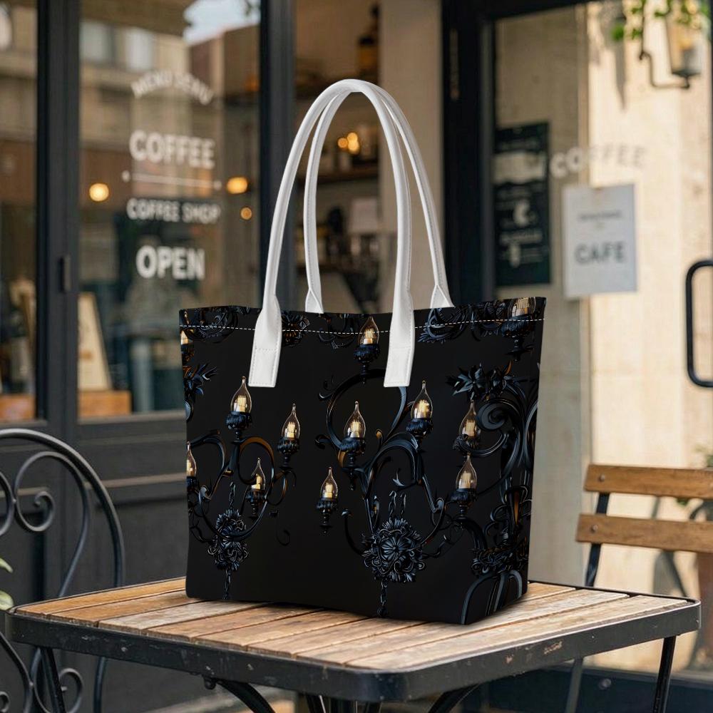 Elegant Black Chandelier Print Tote Bag Classic Daily Casual Women Versatile Lightweight Carryall Bag