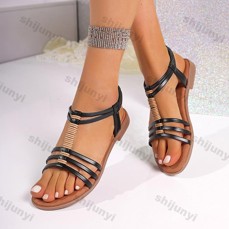 Fashion Women's Fashion Casual Flat Sandals Female Open Toe Casual Sandals 2025 Summer New Elastic Band Roman Beach Shoes Plus Size 43