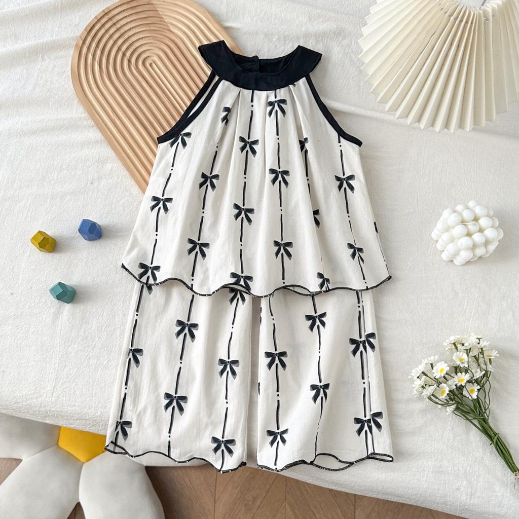 Girls' Stylish Pure Cotton Printed Set New Summer Children'S Halter-Neck Top And Wide-Leg Pants Two-Piece Set