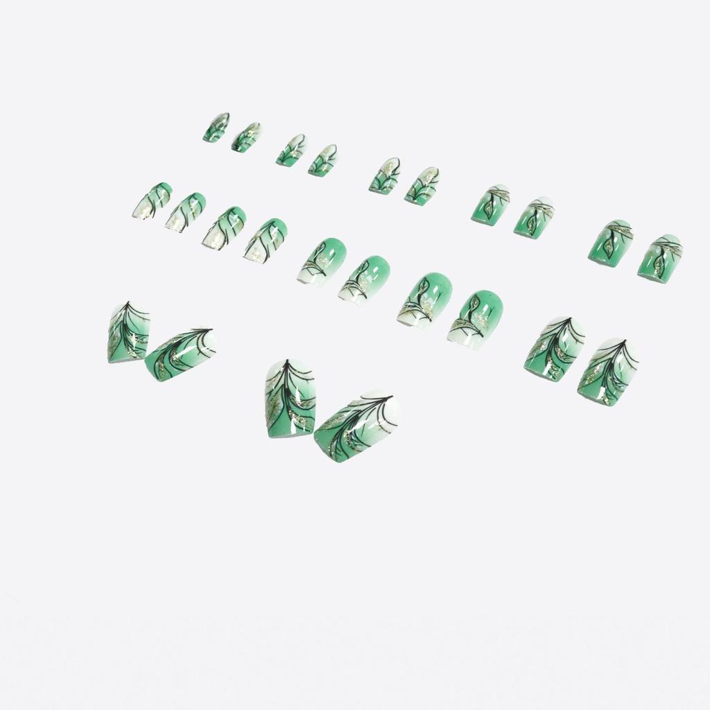 Emerald Gradient Glitter False Nails - Wearable Green European American Nail Tips