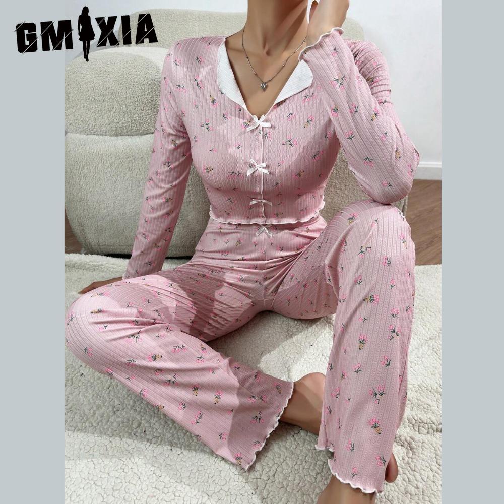 

GMXIA Sexy Pajamas Women s Bowknot Long Sleeve Long Pants Loungewear Two Piece Set S розовый