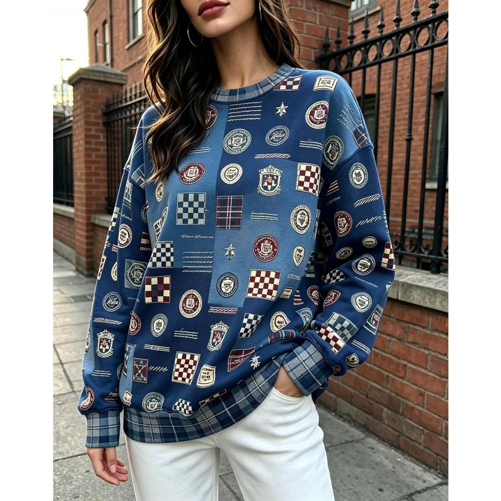 Women Crew Neck Fleece Sweatshirt Vintage College Badge Plaid Patchwork Print Long Sleeve Loose No Hood Warm Pullover
