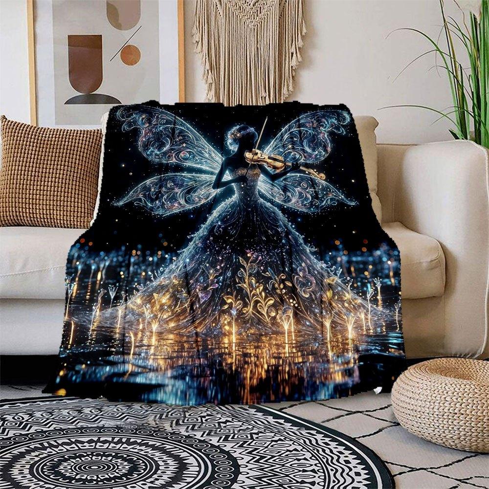 

Enchanted Fairy Violinist Wall Art Print Blanket Flannel Throw Blanket for Sofa, Bed, Travel, Camping, Office, Couch, Chair, And Bed Gift f 150x180cm