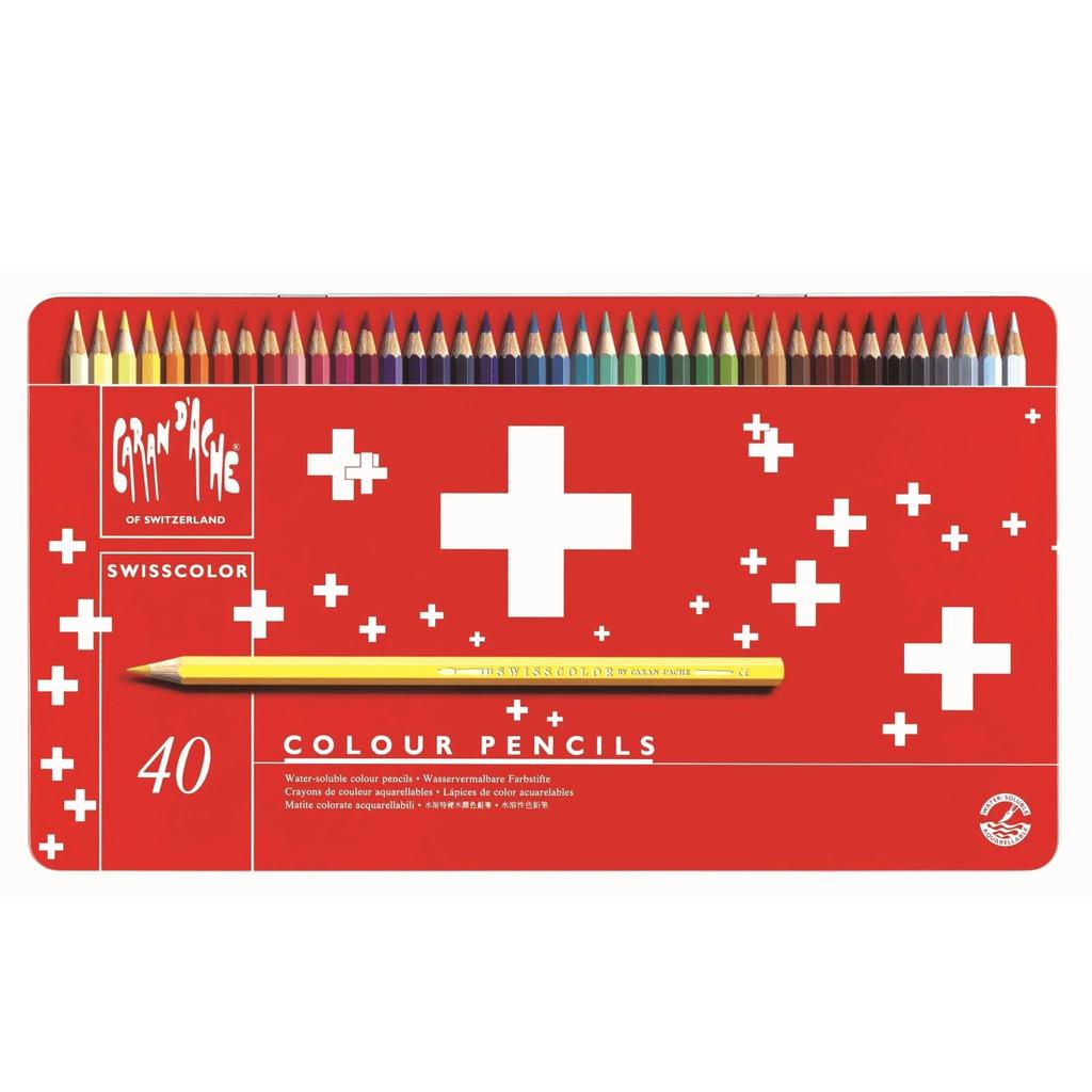 Caran d'Ache 1285-740 Swisscolor Water-Soluble Colored Pencils, 40-Color Set, Tin