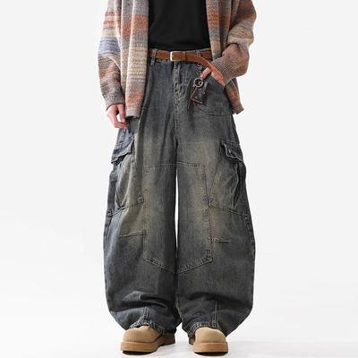 Jeans Rétro Multi-Poches Coupe Courbe Automne Hiver Vintage Jambe Large Pantalon de Travail Version Coréenne High Street Jeans Homme