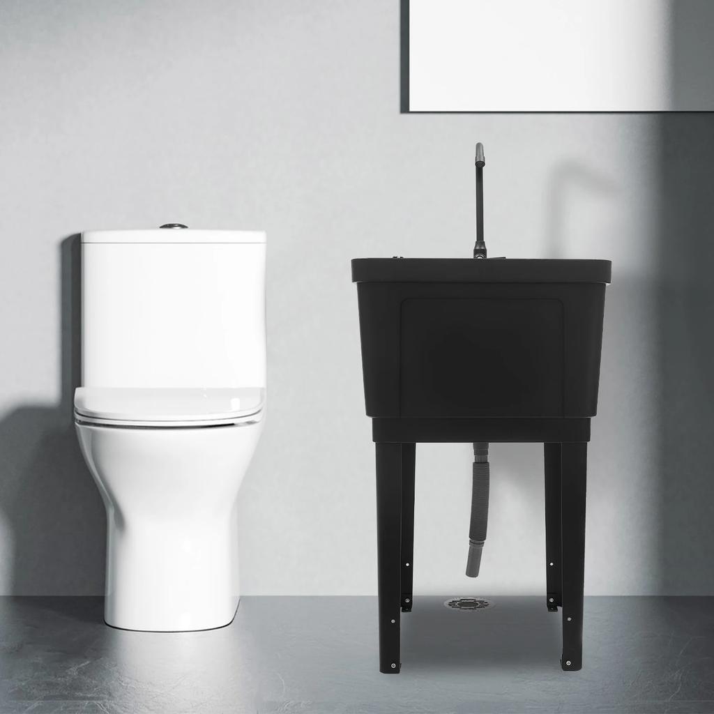 Black Freestanding Laundry Utility Sink with Rotatable 360° Faucet & Soap Dispenser, Modern Rectangular Tub for Laundry Room