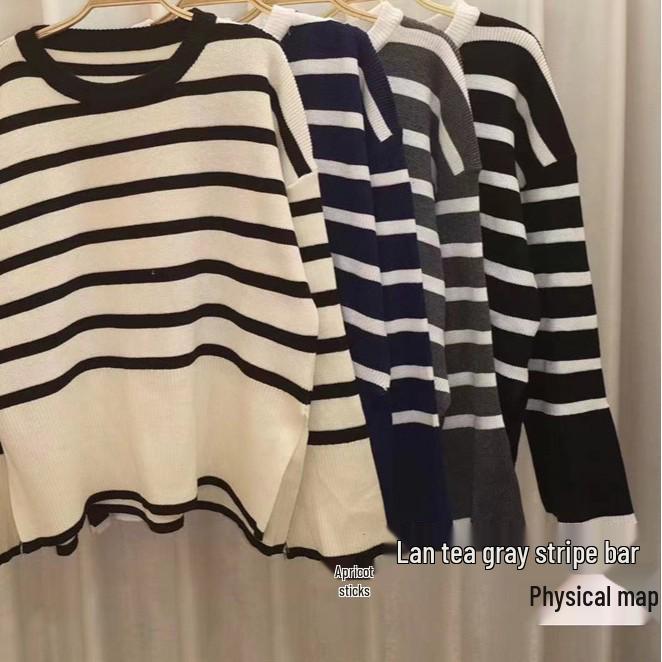 Korean Striped Knitwear for Women: 2026 Retro Lazy Style Soft Pullover Sweater for Autumn/Winter